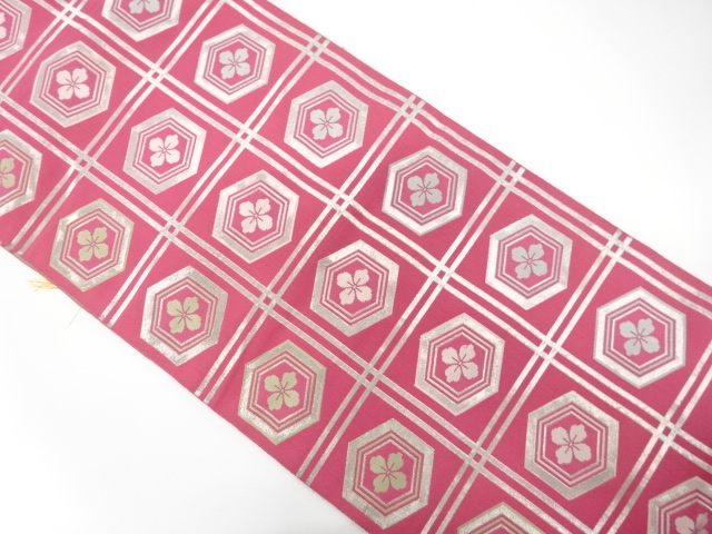 アンティーク　本場筑前博多　格子に花亀甲模様織り出し名古屋帯（着用可）